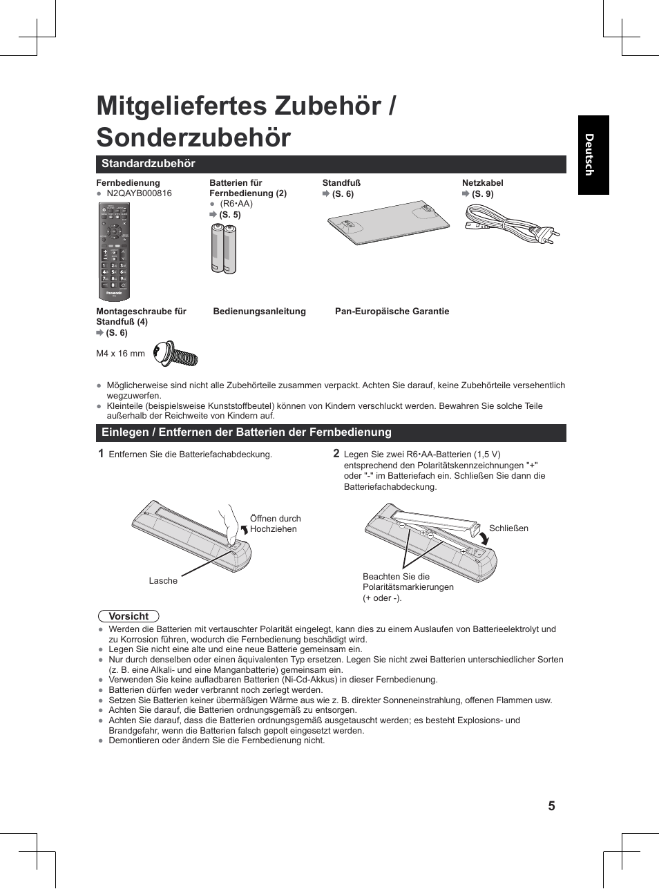 Kurzleitfaden, Mitgeliefertes zubehör / sonderzubehör, Deutsch | Standardzubehör | Panasonic TX32A400E User Manual | Page 145 / 302