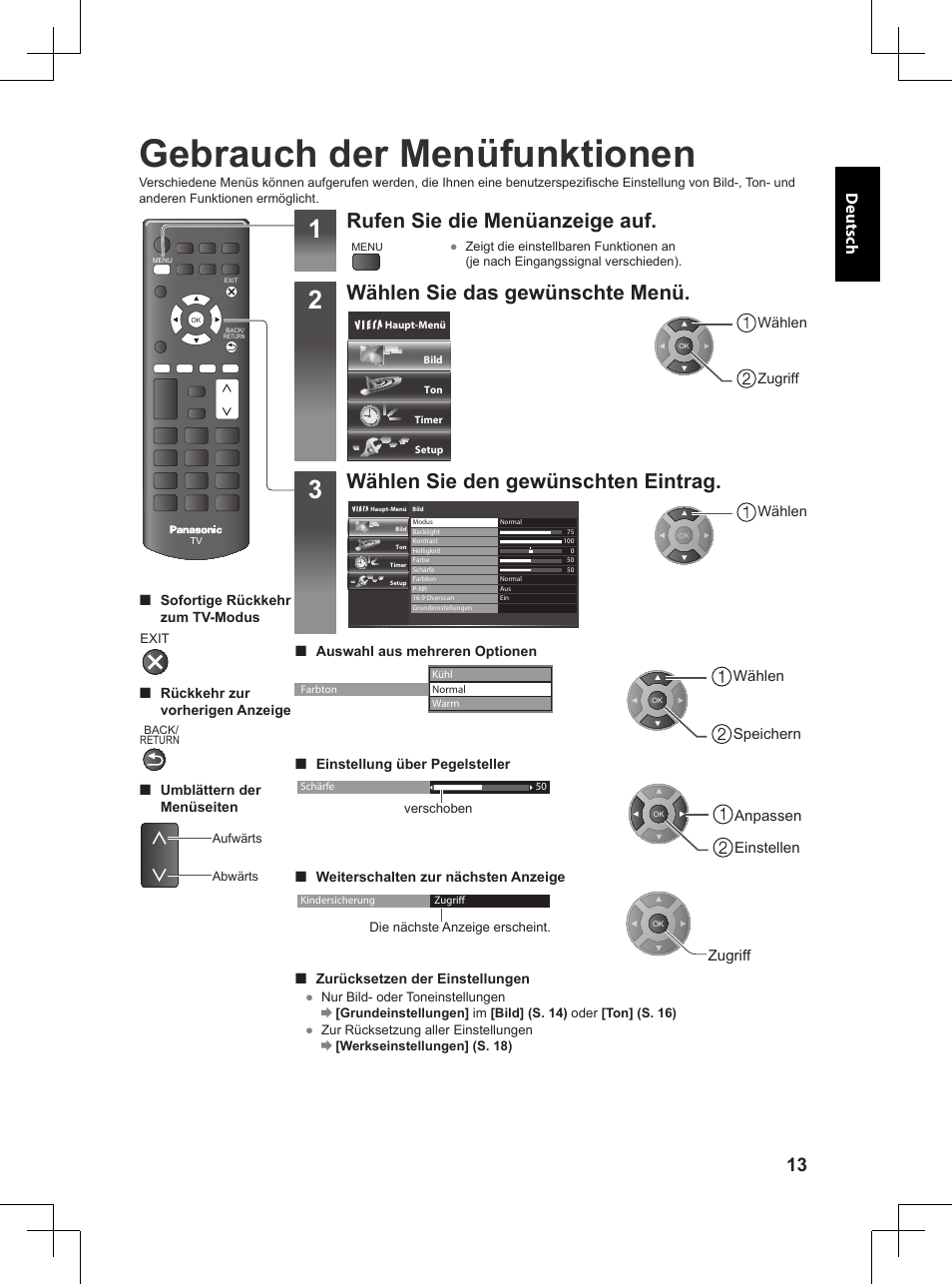 Gebrauch der menüfunktionen, Rufen sie die menüanzeige auf, Wählen sie das gewünschte menü | Wählen sie den gewünschten eintrag, Deutsch | Panasonic TX32A400E User Manual | Page 153 / 302