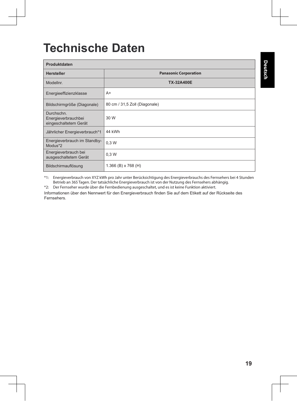 Technische daten | Panasonic TX32A400E User Manual | Page 159 / 302