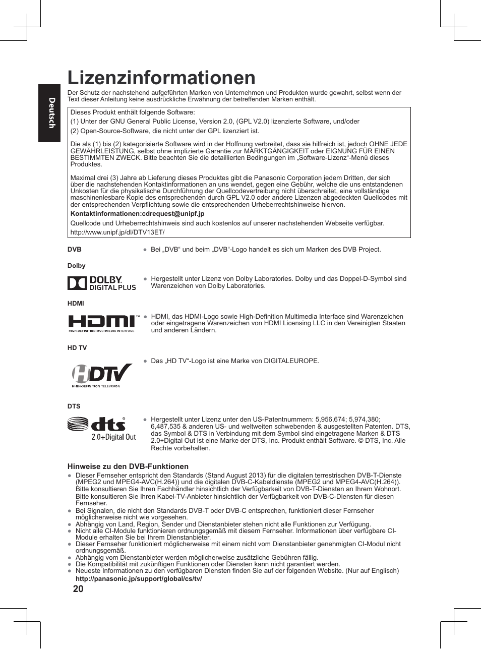Lizenzinformationen | Panasonic TX32A400E User Manual | Page 160 / 302