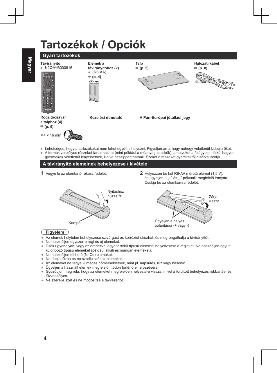 Rövid útmutató, Tartozékok / opciók, Magy ar | Gyári tartozékok, A távirányító elemeinek behelyezése / kivétele | Panasonic TX32A400E User Manual | Page 166 / 302