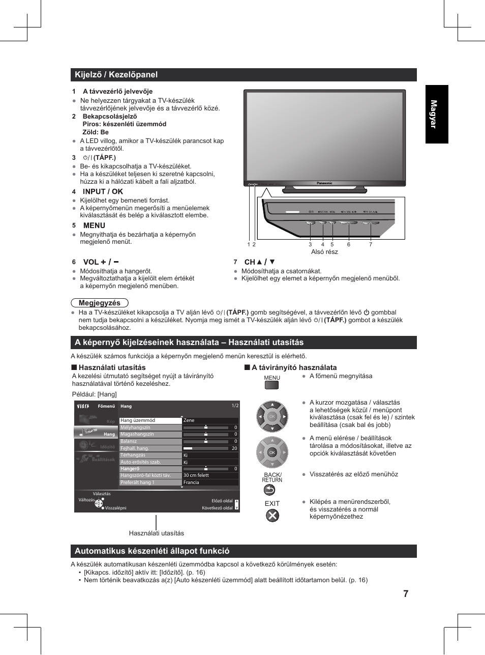 Magy ar kijelző / kezelőpanel, Automatikus készenléti állapot funkció | Panasonic TX32A400E User Manual | Page 169 / 302