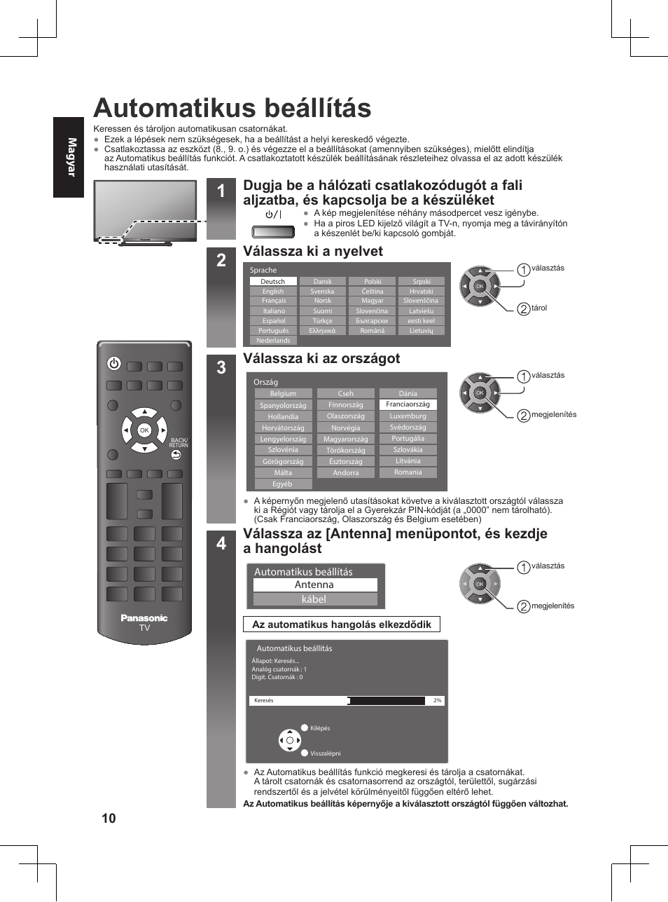 Automatikus beállítás, Válassza ki a nyelvet, Válassza ki az országot | Magy ar | Panasonic TX32A400E User Manual | Page 172 / 302