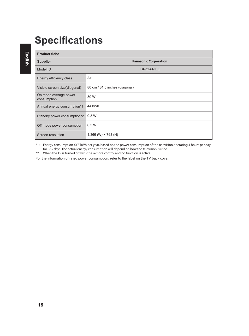 Specifications | Panasonic TX32A400E User Manual | Page 18 / 302
