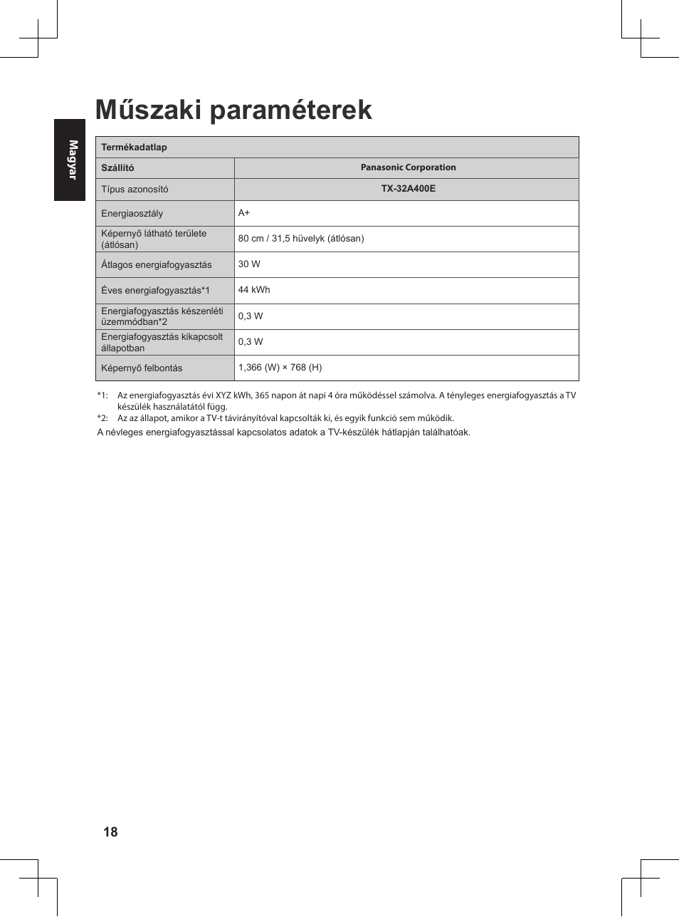 Műszaki paraméterek | Panasonic TX32A400E User Manual | Page 180 / 302