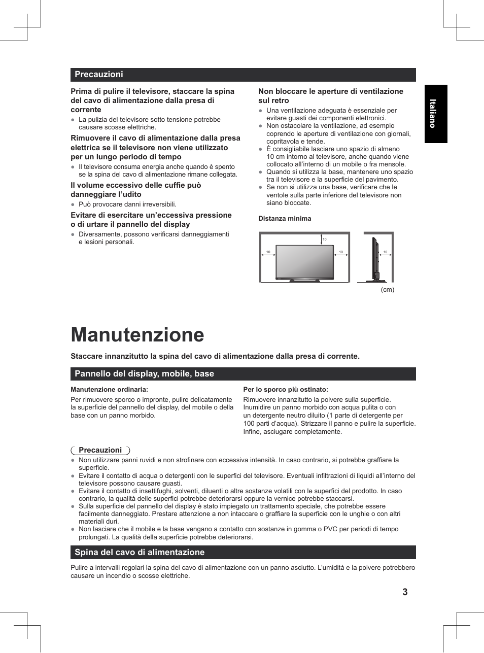 Manutenzione, Precauzioni, Pannello del display, mobile, base | Spina del cavo di alimentazione | Panasonic TX32A400E User Manual | Page 185 / 302