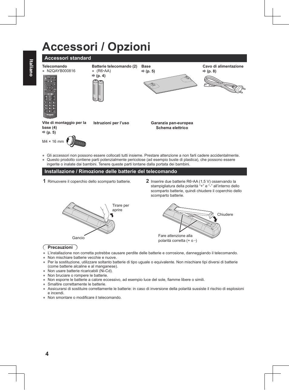 Guida di avvio veloce, Accessori / opzioni, Italiano | Accessori standard | Panasonic TX32A400E User Manual | Page 186 / 302