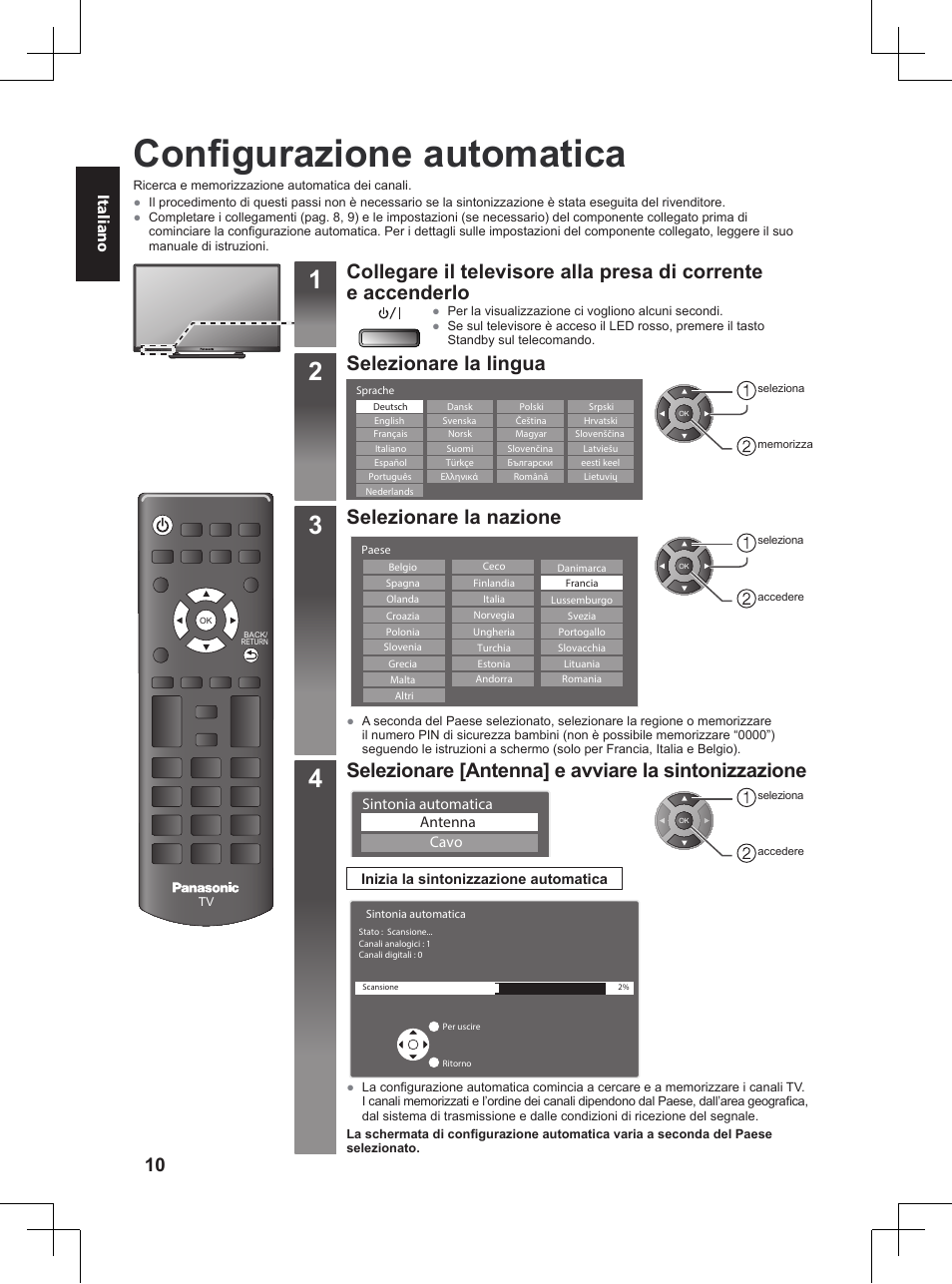 Configurazione automatica, Selezionare la lingua, Selezionare la nazione | Selezionare [antenna] e avviare la sintonizzazione, Italiano | Panasonic TX32A400E User Manual | Page 192 / 302