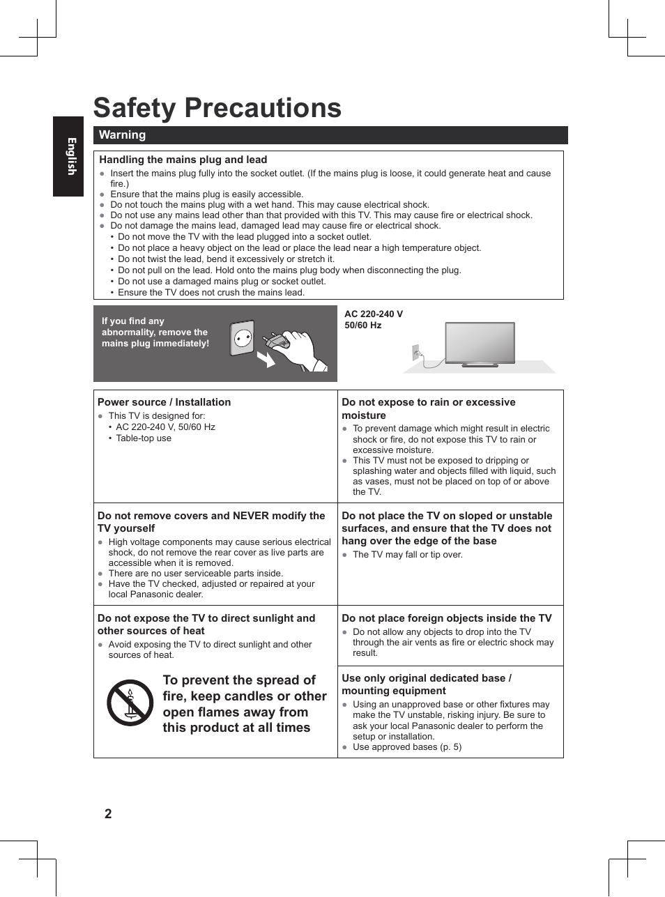 Be sure to read, Safety precautions | Panasonic TX32A400E User Manual | Page 2 / 302