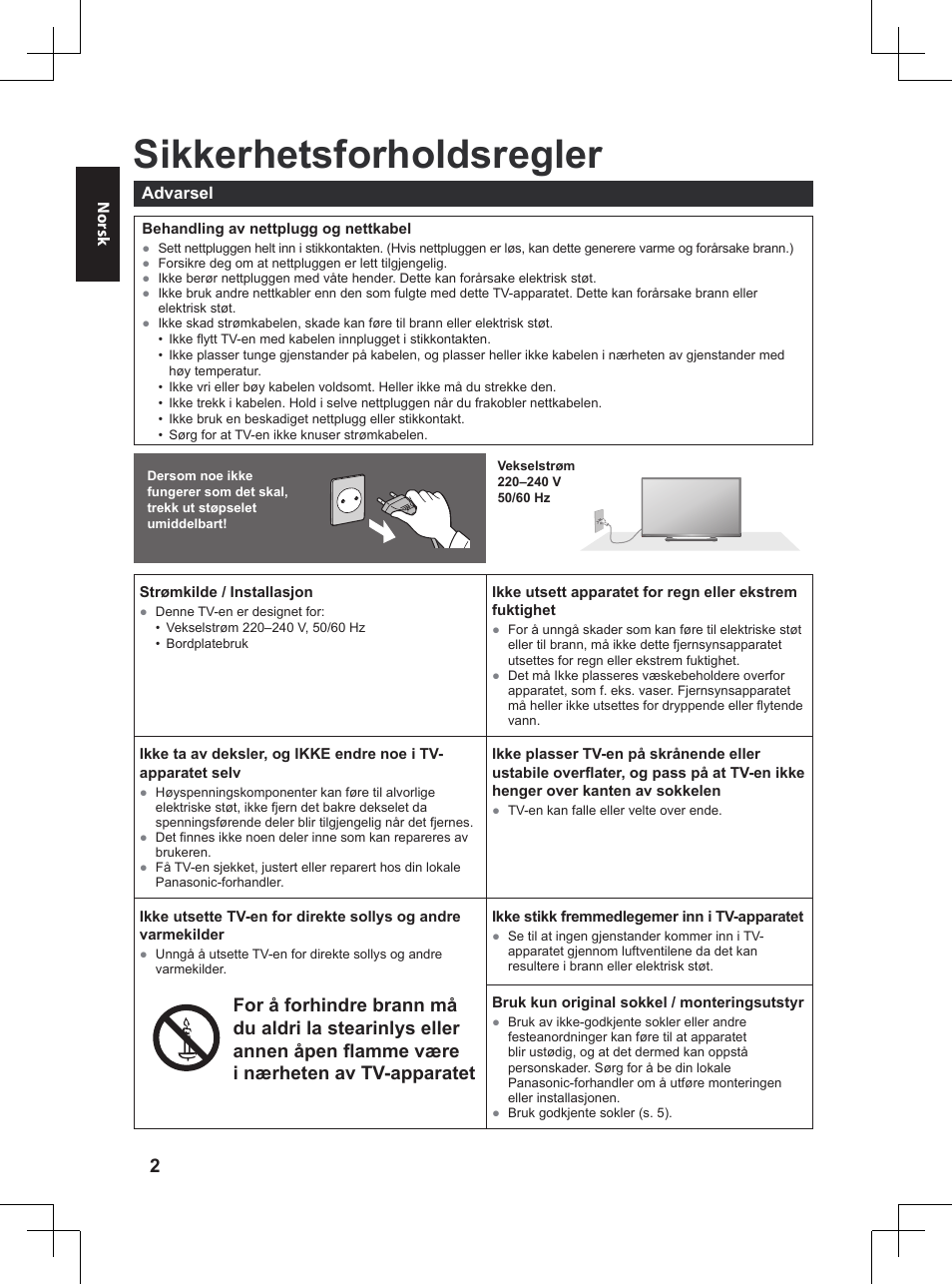 Sørg for å lese, Sikkerhetsforholdsregler | Panasonic TX32A400E User Manual | Page 204 / 302