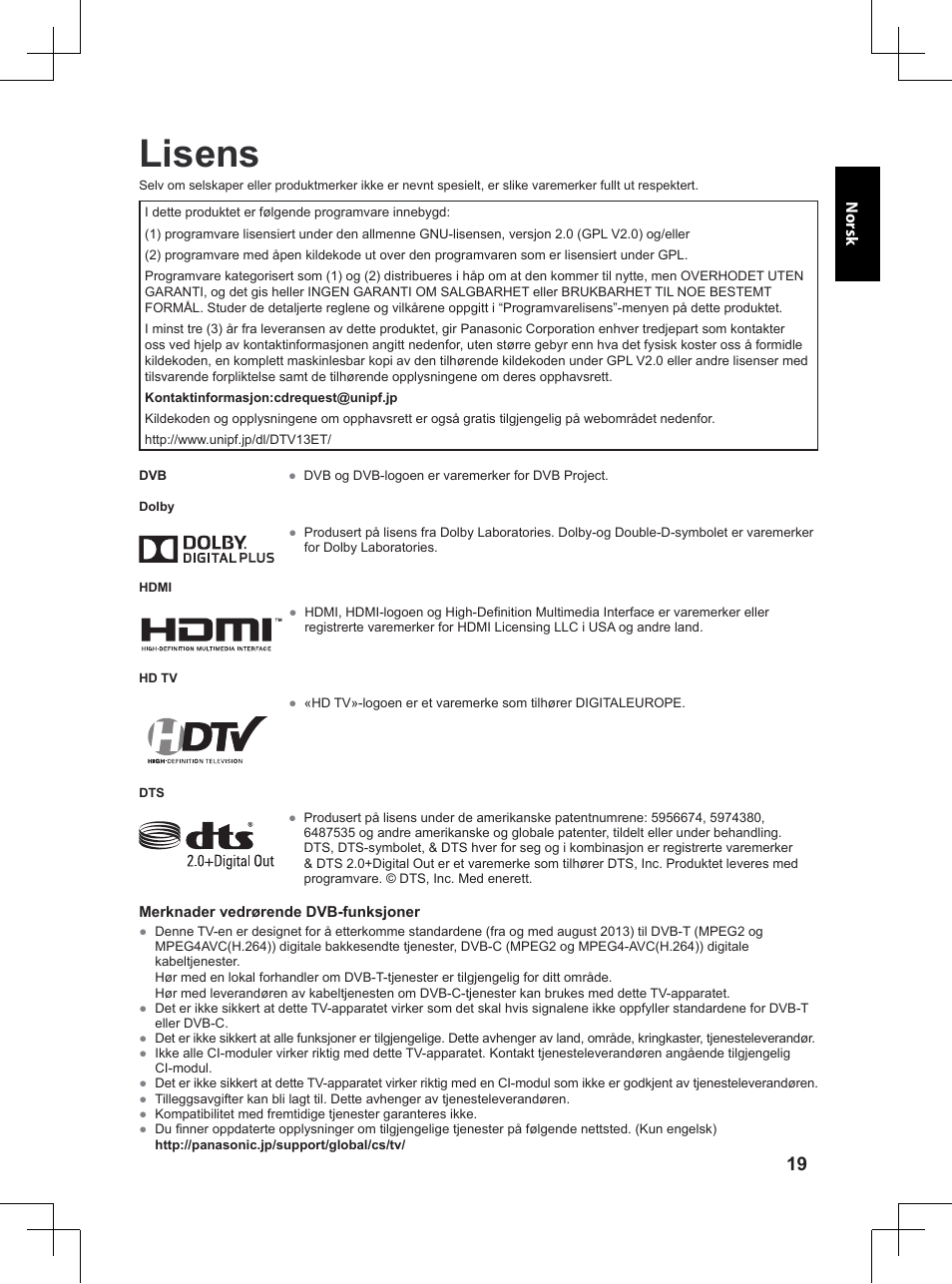 Lisens | Panasonic TX32A400E User Manual | Page 221 / 302