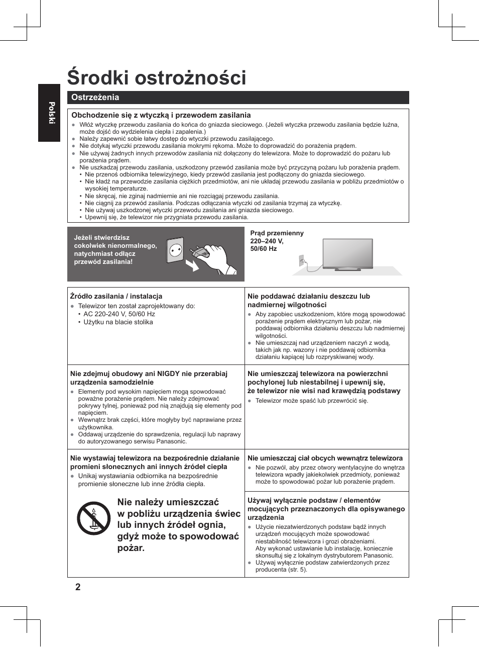 Koniecznie przeczytaj, Środki ostrożności, Spowodować pożar | Ostrzeżenia | Panasonic TX32A400E User Manual | Page 224 / 302