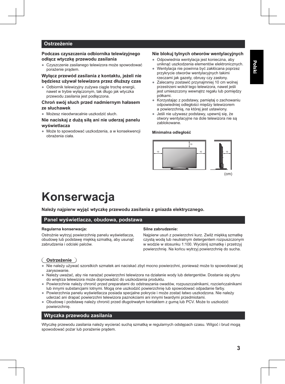 Konserwacja, Ostrzeżenie, Panel wyświetlacza, obudowa, podstawa | Wtyczka przewodu zasilania | Panasonic TX32A400E User Manual | Page 225 / 302