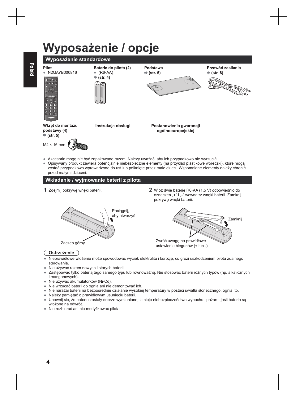 Skrócony przewodnik, Wyposażenie / opcje, Polsk i | Wyposażenie standardowe, Wkładanie / wyjmowanie baterii z pilota | Panasonic TX32A400E User Manual | Page 226 / 302