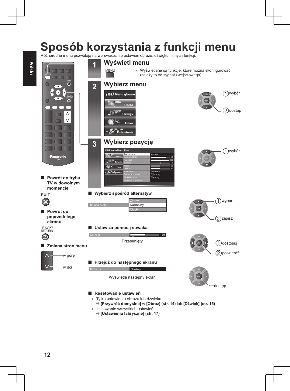 Sposób korzystania z funkcji menu, Wyświetl menu, Wybierz menu | Wybierz pozycję, Polsk i | Panasonic TX32A400E User Manual | Page 234 / 302