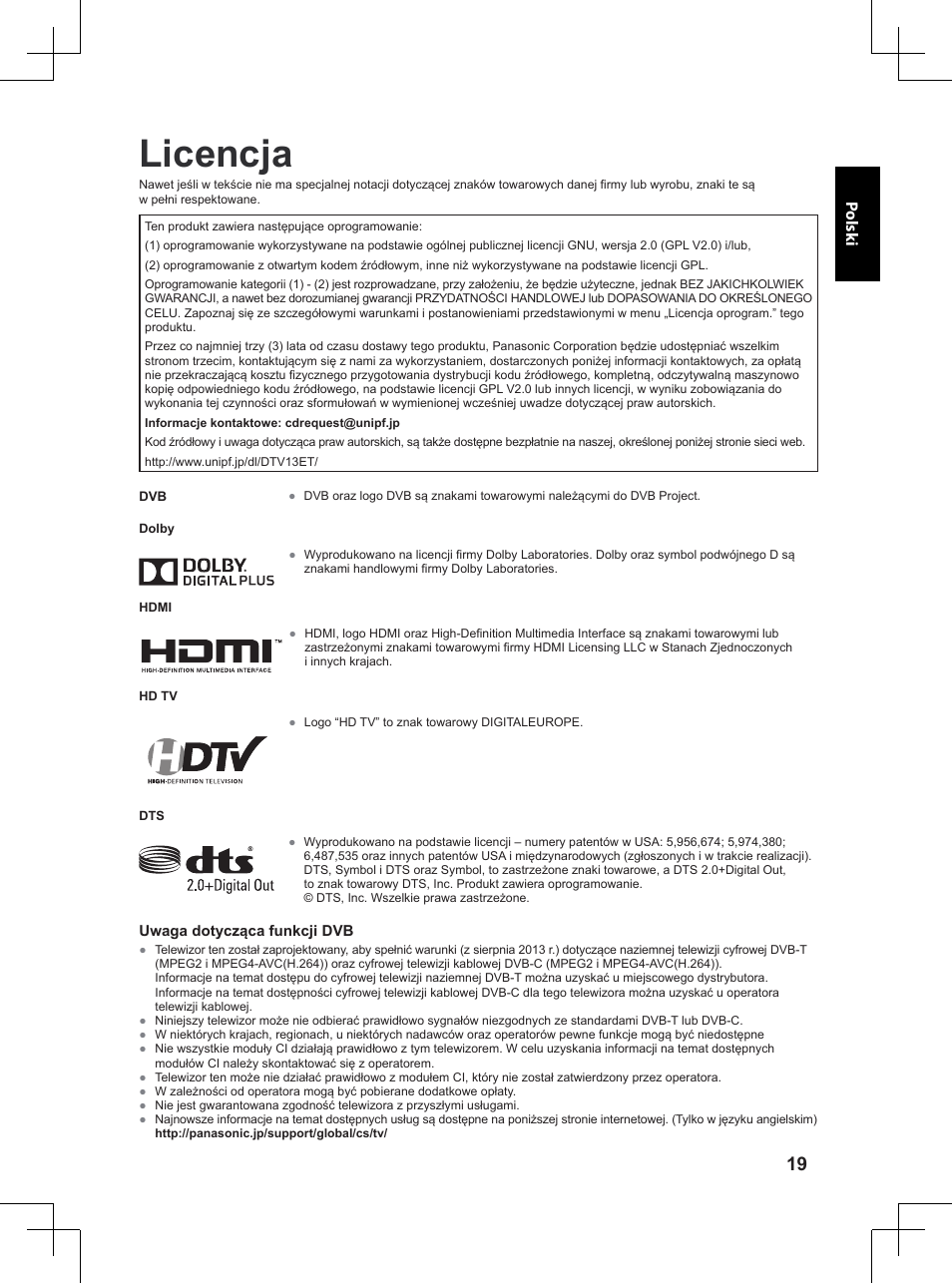 Licencja | Panasonic TX32A400E User Manual | Page 241 / 302