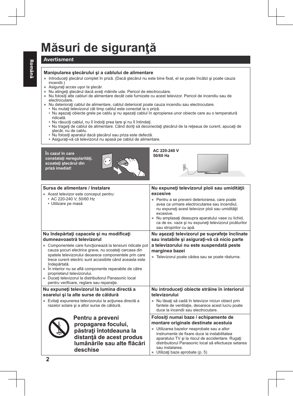 Citiţi, Măsuri de siguranţă, Lumânările sau alte flăcări deschise | Panasonic TX32A400E User Manual | Page 244 / 302