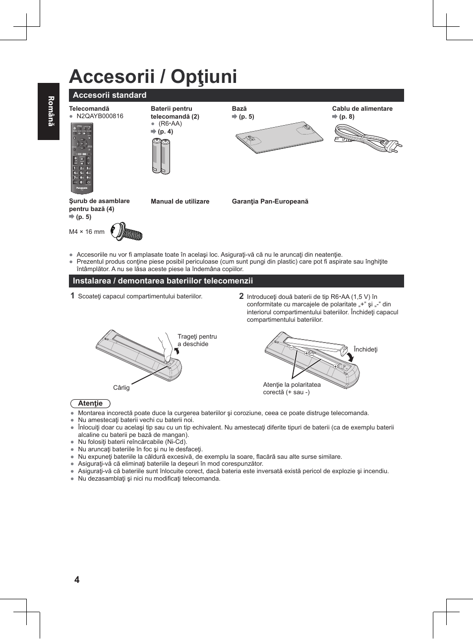 Instalarea rapidă, Accesorii / opţiuni, Română | Accesorii standard, Instalarea / demontarea bateriilor telecomenzii | Panasonic TX32A400E User Manual | Page 246 / 302