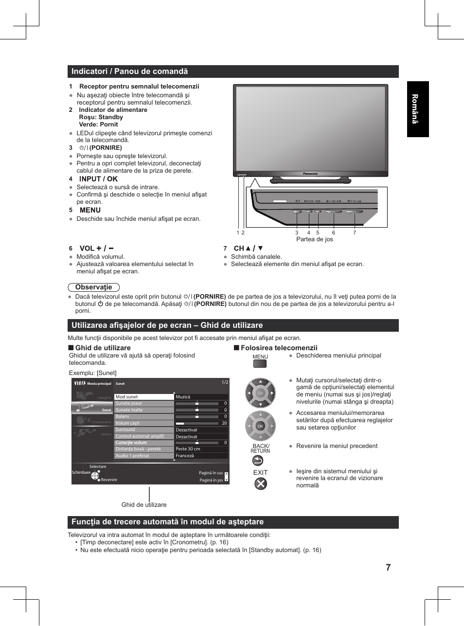 Română indicatori / panou de comandă, Funcţia de trecere automată în modul de aşteptare | Panasonic TX32A400E User Manual | Page 249 / 302