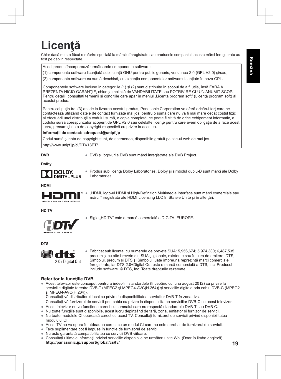 Licenţă | Panasonic TX32A400E User Manual | Page 261 / 302