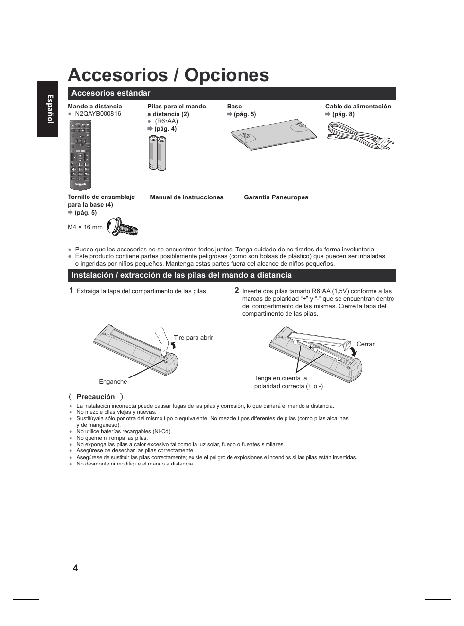Guía de inicio rápido, Accesorios / opciones, Español | Accesorios estándar, Precaución | Panasonic TX32A400E User Manual | Page 266 / 302