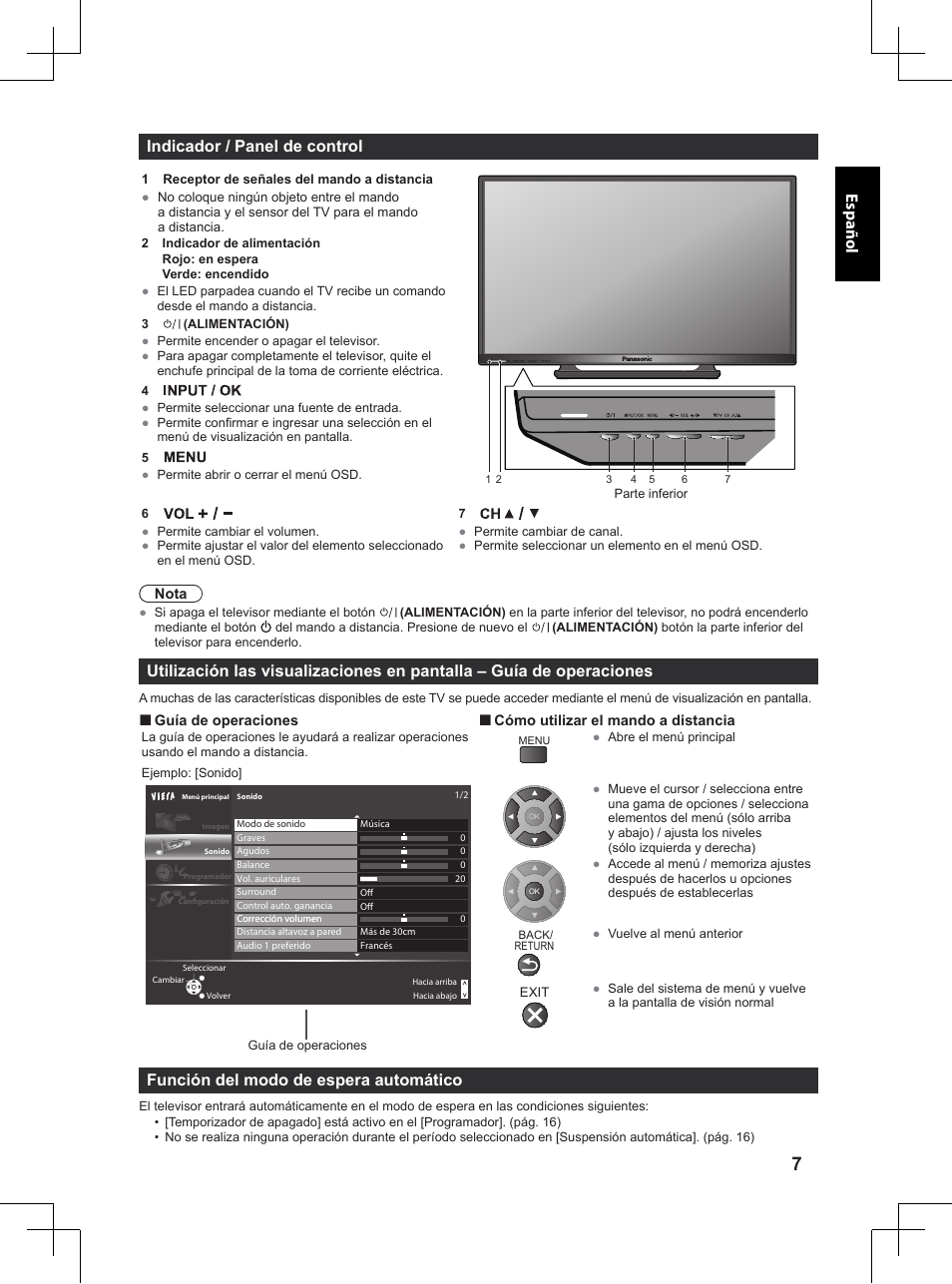 Español indicador / panel de control, Función del modo de espera automático | Panasonic TX32A400E User Manual | Page 269 / 302