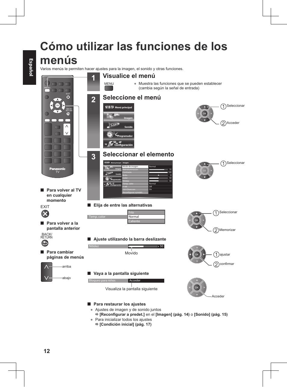Cómo utilizar las funciones de los menús, Visualice el menú, Seleccione el menú | Seleccionar el elemento, Español | Panasonic TX32A400E User Manual | Page 274 / 302