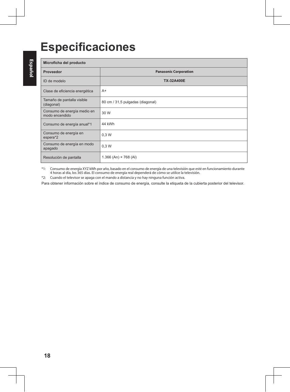 Especificaciones | Panasonic TX32A400E User Manual | Page 280 / 302