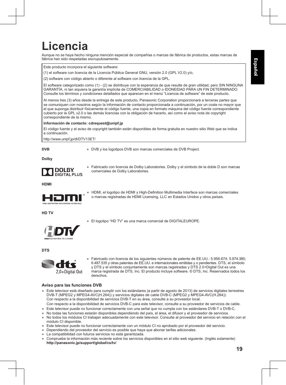 Licencia | Panasonic TX32A400E User Manual | Page 281 / 302