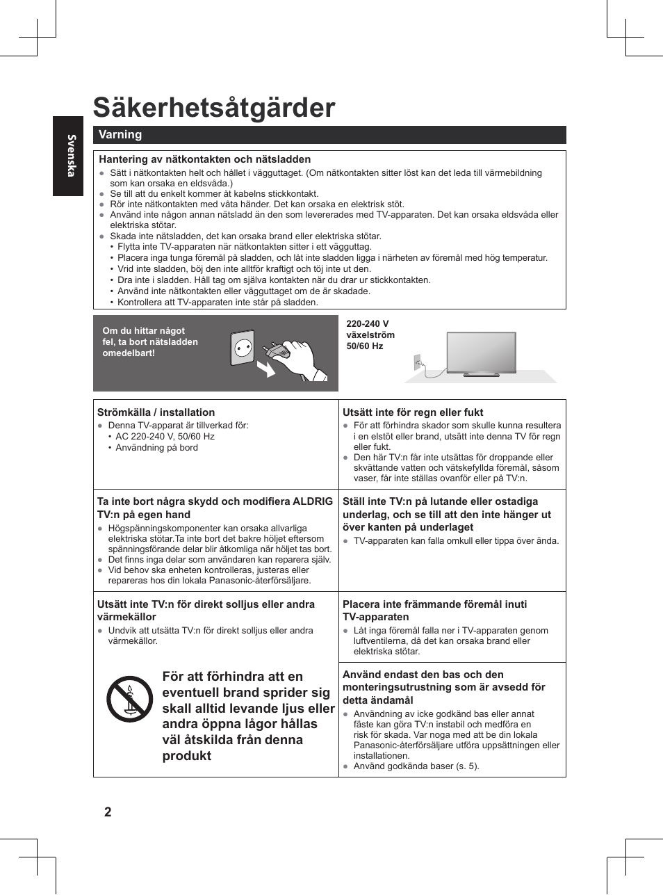 Se till att läsa, Säkerhetsåtgärder, Denna produkt | Panasonic TX32A400E User Manual | Page 284 / 302
