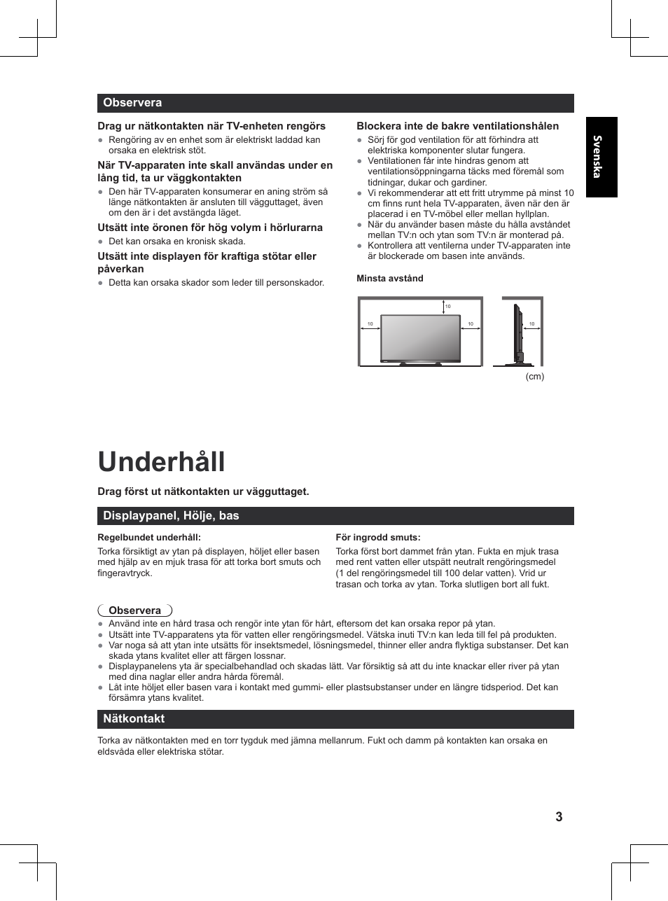 Underhåll, Observera, Displaypanel, hölje, bas | Nätkontakt | Panasonic TX32A400E User Manual | Page 285 / 302