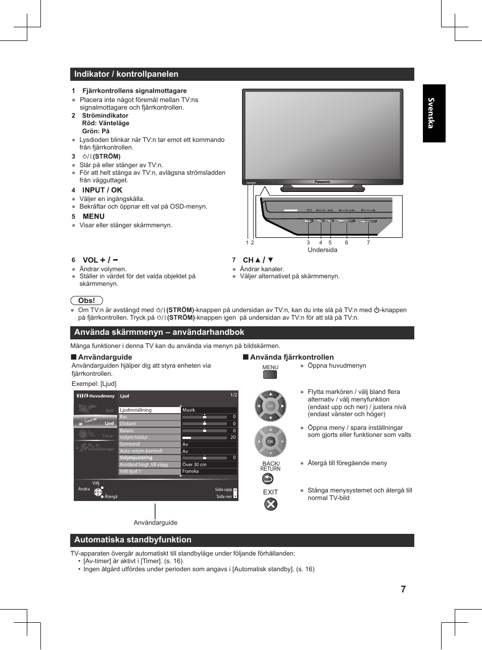 Sv ensk a indikator / kontrollpanelen, Använda skärmmenyn – användarhandbok, Automatiska standbyfunktion | Panasonic TX32A400E User Manual | Page 289 / 302