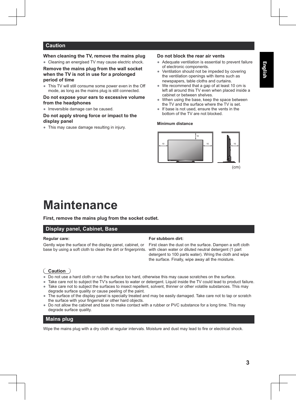 Maintenance, Caution, Display panel, cabinet, base | Mains plug | Panasonic TX32A400E User Manual | Page 3 / 302