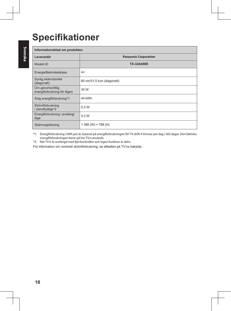 Specifikationer | Panasonic TX32A400E User Manual | Page 300 / 302