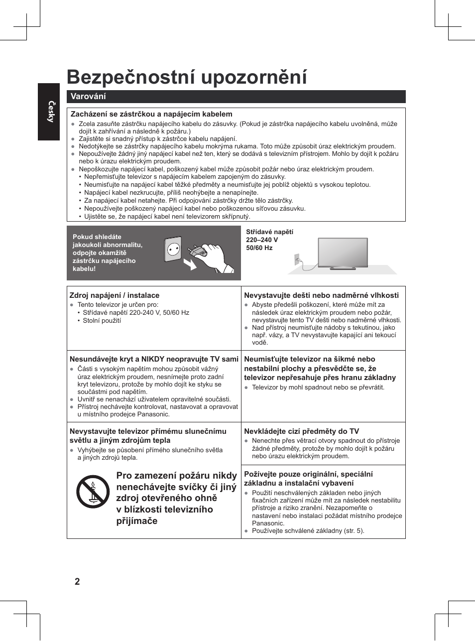 Nezapomeňte přečíst, Bezpečnostní upozornění, V blízkosti televizního přijímače | Panasonic TX32A400E User Manual | Page 42 / 302