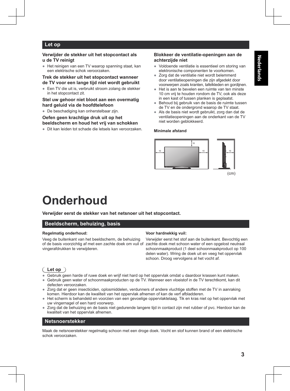 Onderhoud, Let op, Beeldscherm, behuizing, basis | Netsnoerstekker | Panasonic TX32A400E User Manual | Page 63 / 302