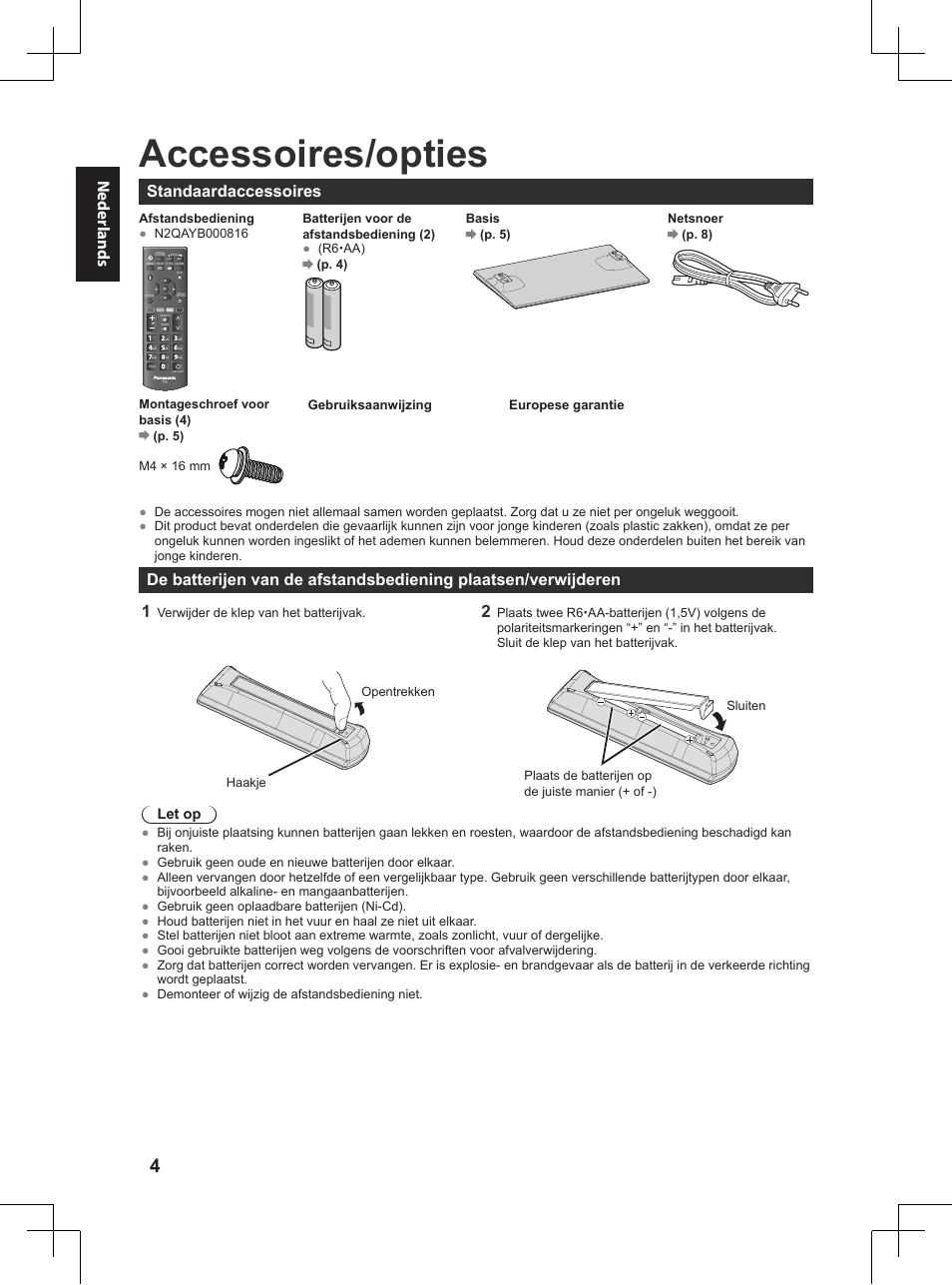 Snelstartgids, Accessoires/opties, Neder lands | Standaardaccessoires | Panasonic TX32A400E User Manual | Page 64 / 302