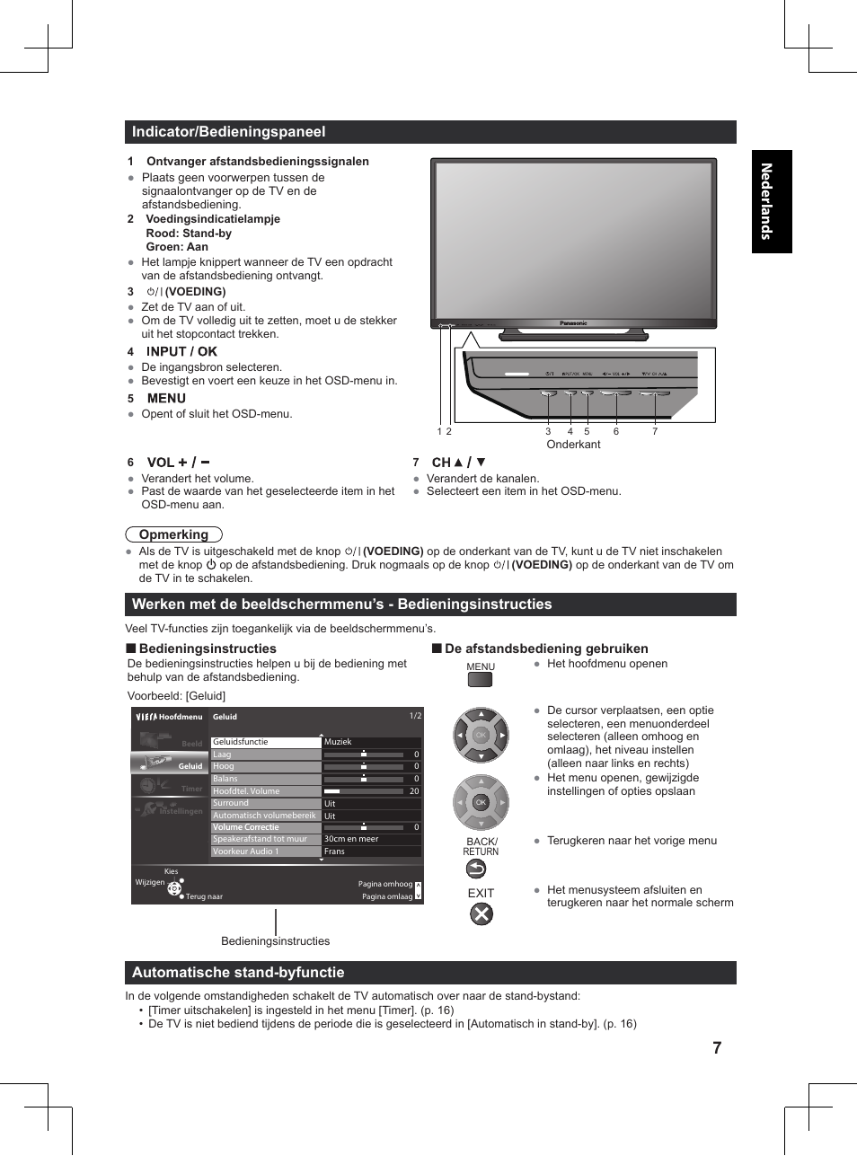 Neder lands indicator/bedieningspaneel, Automatische stand-byfunctie | Panasonic TX32A400E User Manual | Page 67 / 302