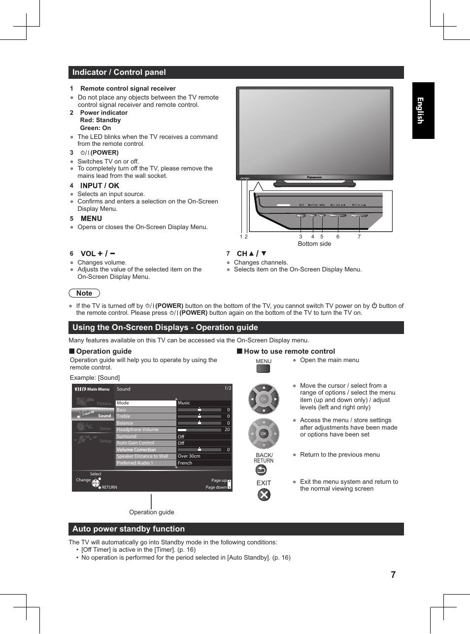 English indicator / control panel, Using the on-screen displays - operation guide, Auto power standby function | Panasonic TX32A400E User Manual | Page 7 / 302