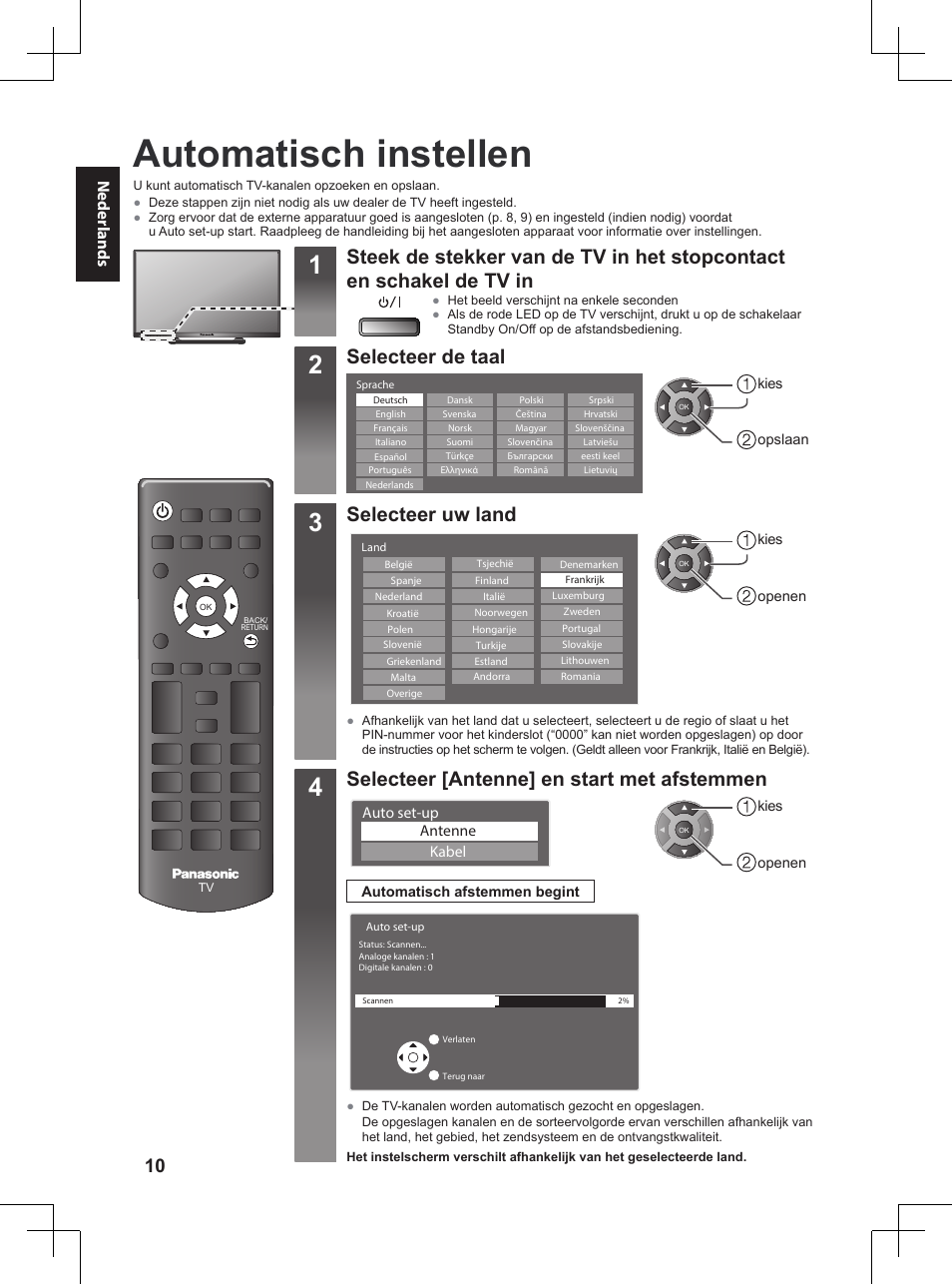 Automatisch instellen, Selecteer de taal, Selecteer uw land | Selecteer [antenne] en start met afstemmen, Neder lands | Panasonic TX32A400E User Manual | Page 70 / 302