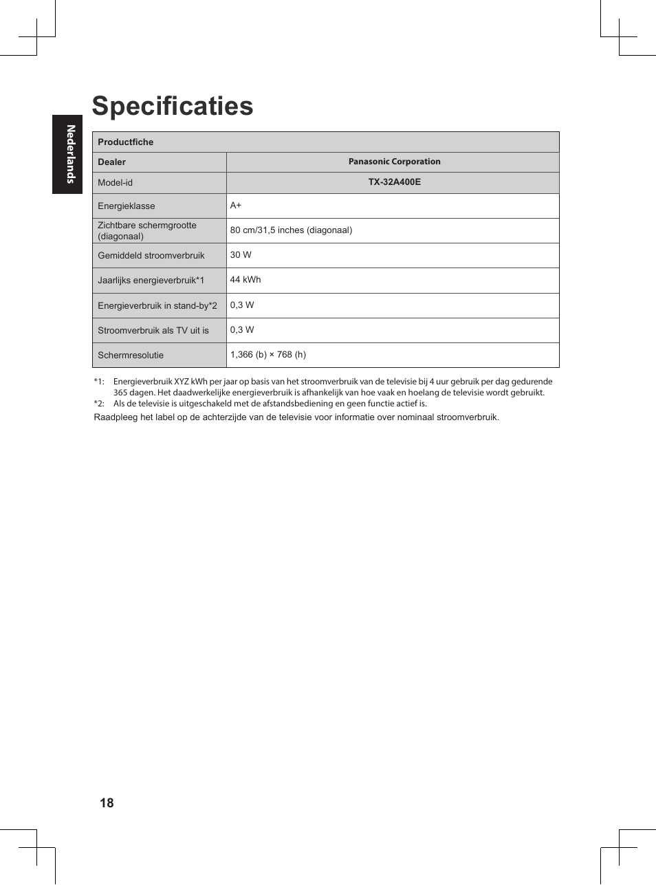 Specificaties | Panasonic TX32A400E User Manual | Page 78 / 302