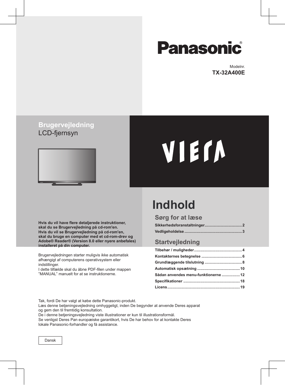 Indhold, Brugervejledning lcd-fjernsyn, Sørg for at læse | Startvejledning | Panasonic TX32A400E User Manual | Page 81 / 302