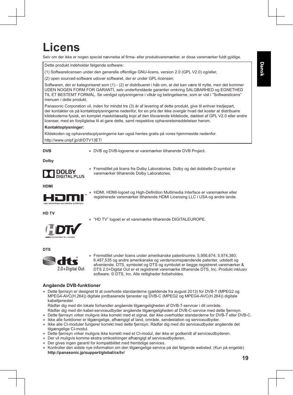 Licens | Panasonic TX32A400E User Manual | Page 99 / 302