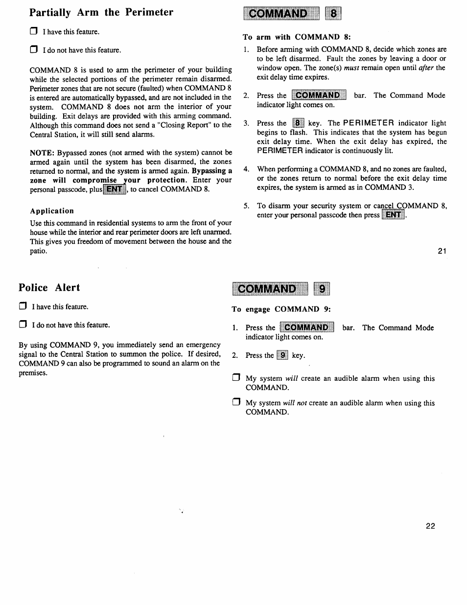 Partially arm the perimeter, Police alert, Command | Police alert g, Command 9 | ADT Security Services 4112 User Manual | Page 12 / 14