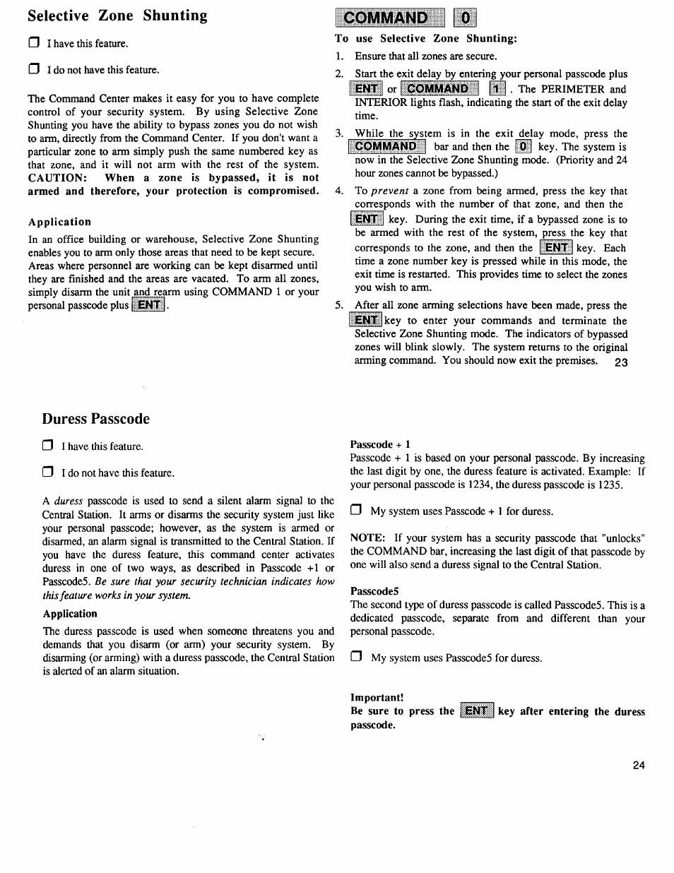 Selective zone shunting, Duress passcode, Command | ADT Security Services 4112 User Manual | Page 13 / 14