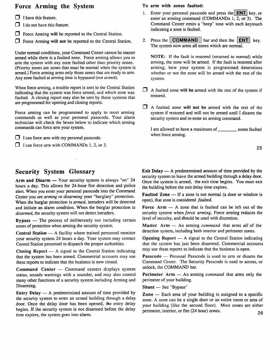 Security system glossary, Force arming the system | ADT Security Services 4112 User Manual | Page 14 / 14