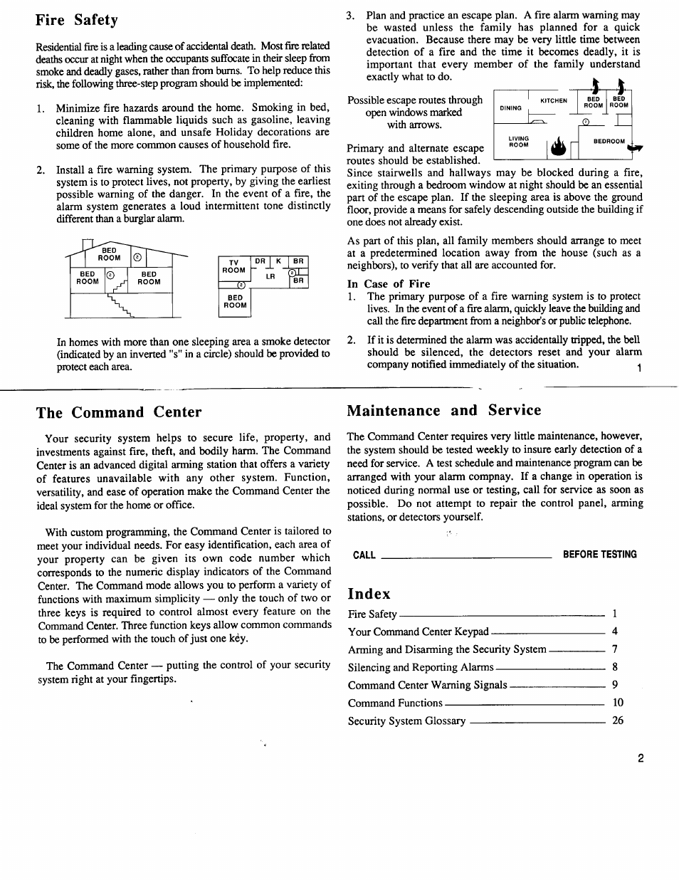 Fire safety, The command center, Maintenance and service | Index | ADT Security Services 4112 User Manual | Page 2 / 14