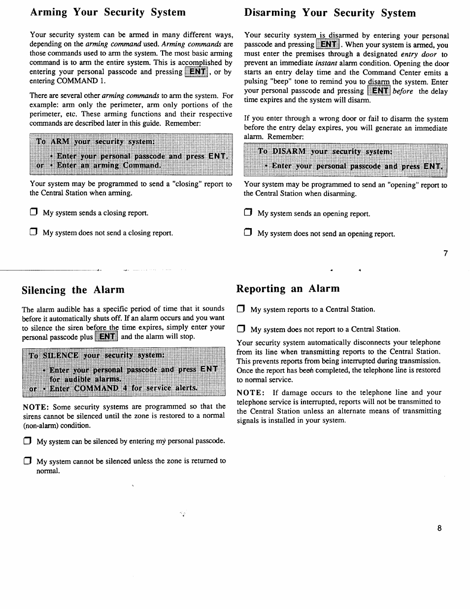 Arming your security system, Disarming your security system, Silencing the alarm | Reporting an alarm | ADT Security Services 4112 User Manual | Page 5 / 14