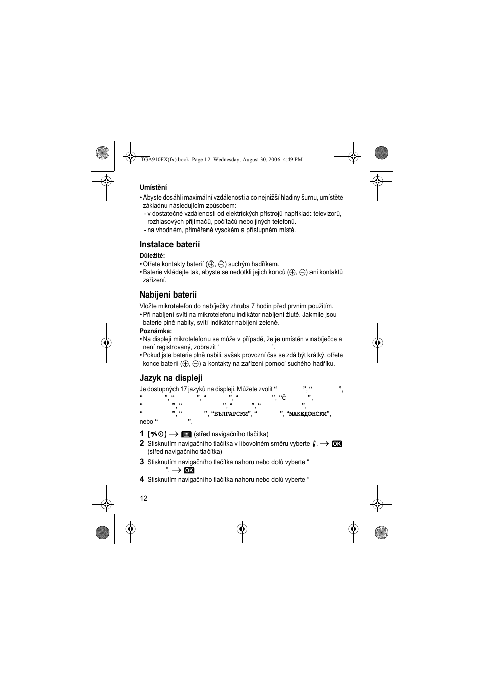 Instalace baterií, Nabíjení baterií, Jazyk na displeji | Panasonic KXTGA910FX User Manual | Page 12 / 36