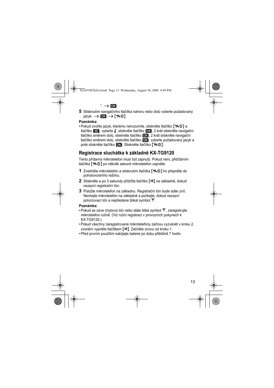 Registrace sluchátka k základně kx-tg9120 | Panasonic KXTGA910FX User Manual | Page 13 / 36